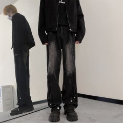 Black loose bootcut jeans American high street new design buttoned trousers