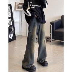 Washed retro jeans men's American slim straight pants trendy loose large size men's casual trousers