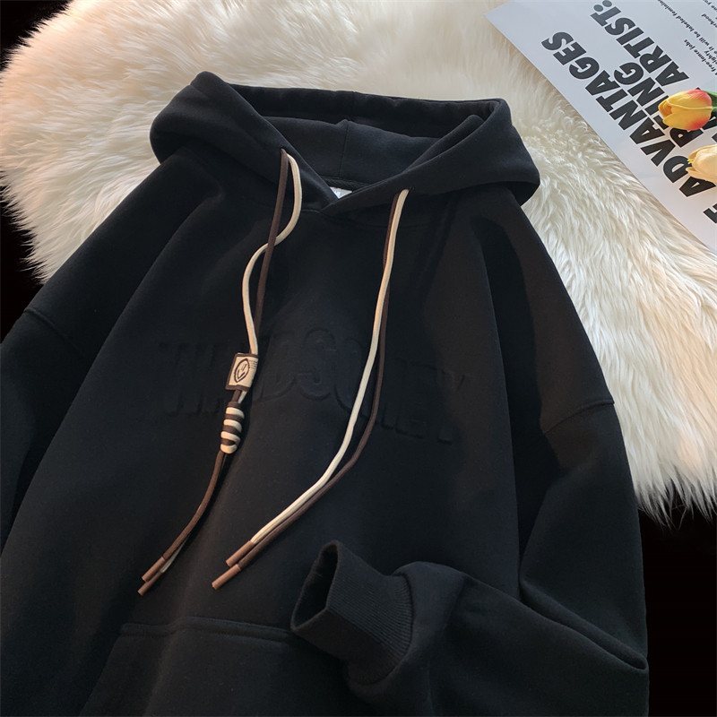 Large size winter heavyweight 420g velvet thickened American steel stamped trendy brand lazy hooded sweatshirt