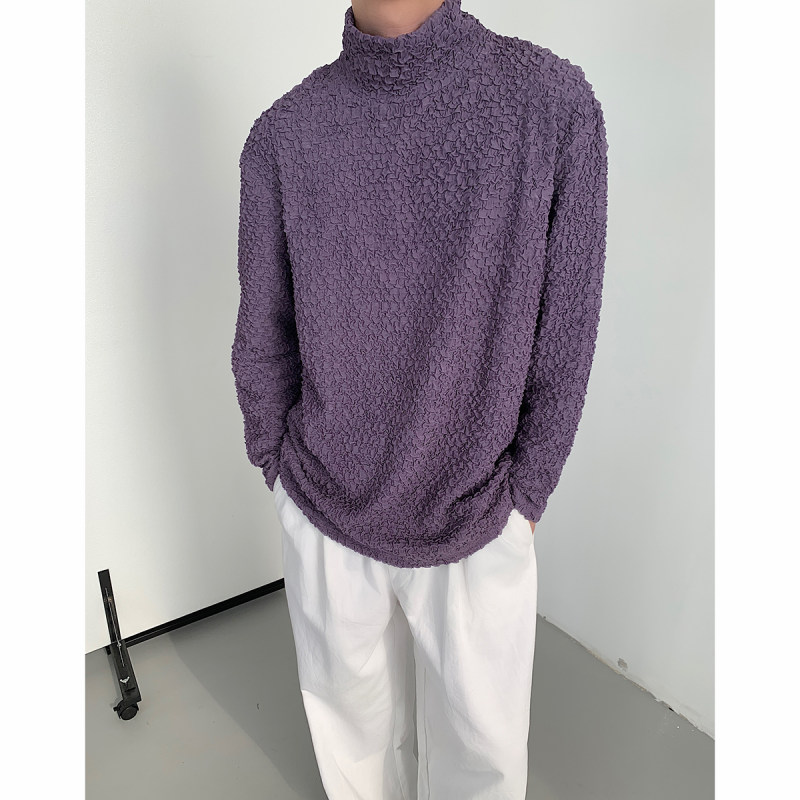 Solid color turtleneck bottoming shirt for men, niche high-end top, autumn and winter handsome drapey loose pleated inner T-shirt
