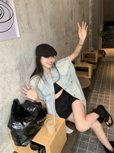 Actual shot#Design style loose retro denim vest for women