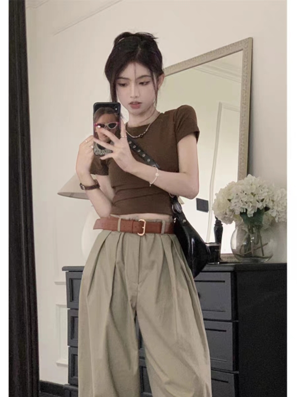 Right shoulder short hottie T-shirt high waist wide leg casual trousers for women summer 2023 new fashion two-piece suit trendy