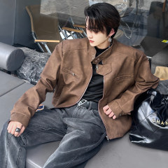 (Own real shot) Autumn short leather jacket, functional shoulder padded jacket, versatile stand-up collar jacket