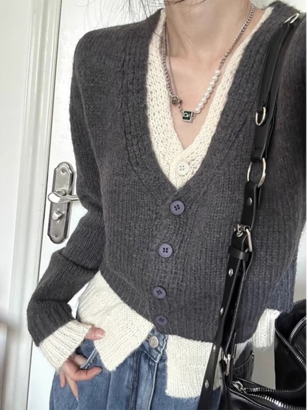 Fake two-piece knitted cardigan for women autumn petite v-neck bottoming top sweater jacket