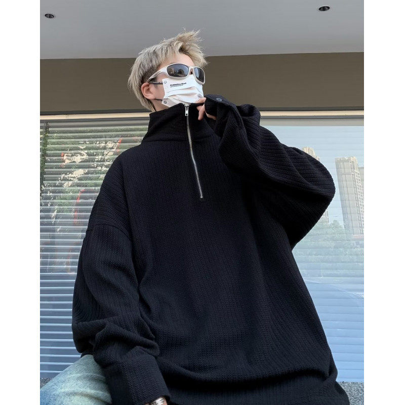 American style sweater, lazy and high-end, men's half-zip design, street sweater, sweatshirt, couple trendy