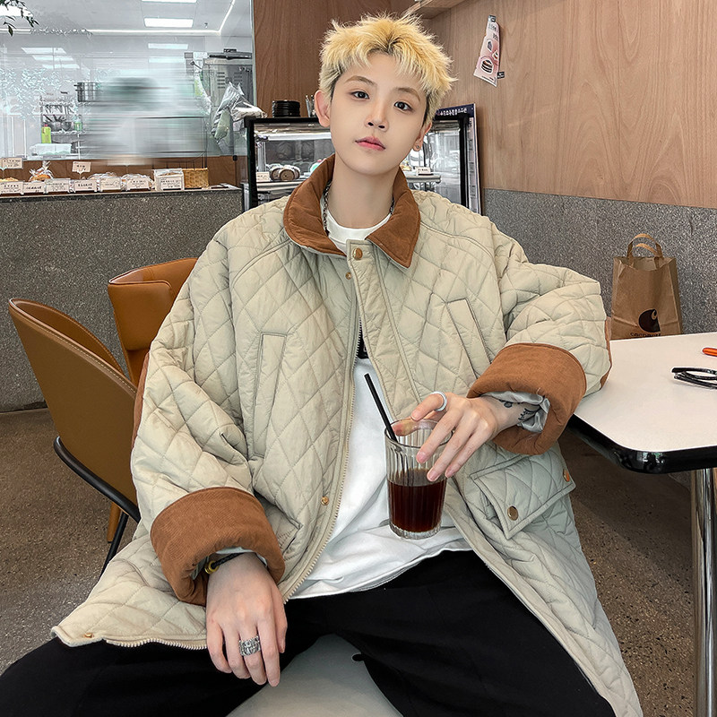 Maillard style corduroy rhombus lapel cotton coat for men, casual warm cotton coat