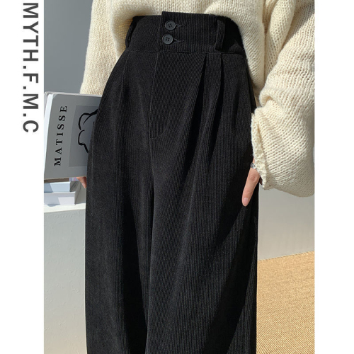 Brown corduroy pants for women in autumn and winter, high-waisted slimming narrow version straight wide-leg pants with drape