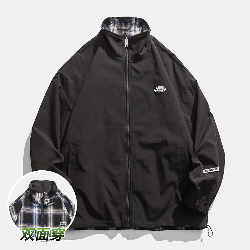 Trendy brand!  Handsome plaid jacket for men and women, loose reversible casual jacket