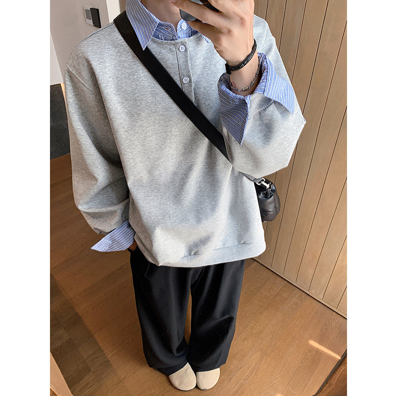 Fake two-piece contrasting color patchwork sweatshirt, long-sleeved men's and women's shirt collar, loose and versatile pullover top