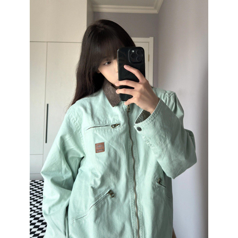 [Available] Mint Green Color Block Work Jacket Men's Spring and Autumn American Detroit Jacket