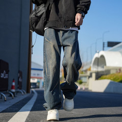 American style distressed washed pleated jeans for men in autumn loose straight casual long pants