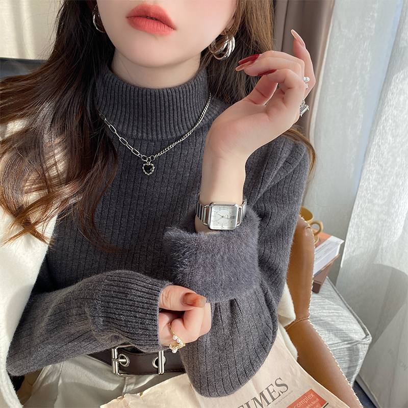 Sweater autumn and winter women's thickened velvet half turtleneck bottoming shirt with 2024 new style one-piece velvet knitted top