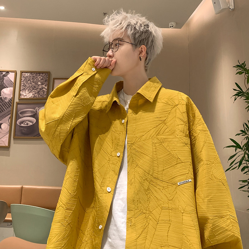 Spring Hong Kong style pleated high-end long-sleeved lapel shirt for men plus size shirt jacket