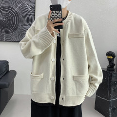 Hong Kong style autumn and winter men's round neck sweater single breasted cardigan pit striped sweater jacket