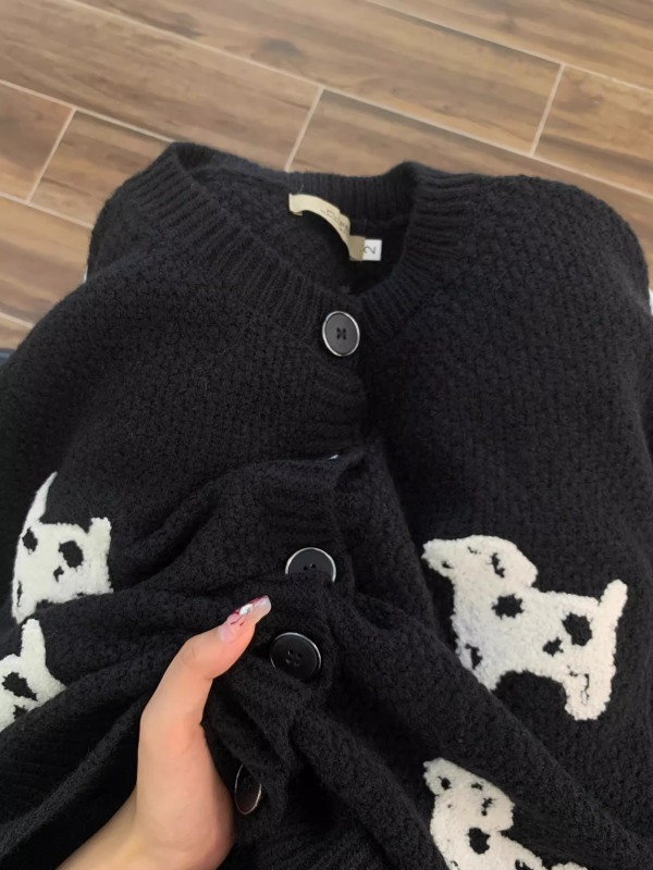 Black puppy sweater coat for women spring and autumn thick short style loose small high-end round neck knitted cardigan early autumn