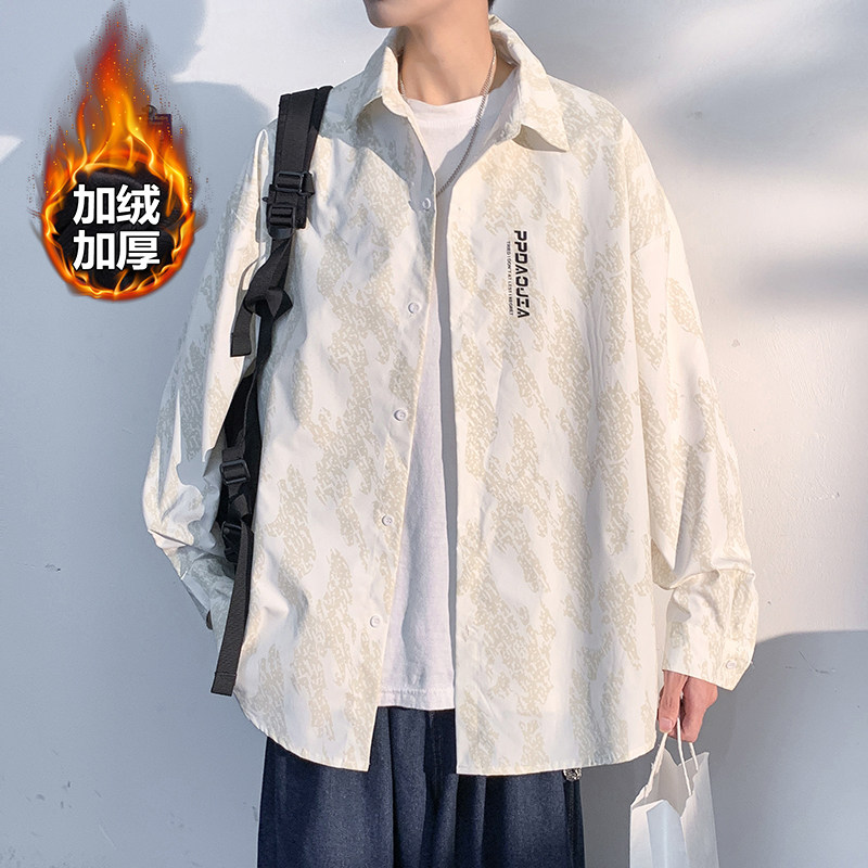 Winter national fashion original large size men's high street dark pattern printed velvet thickened loose shirt