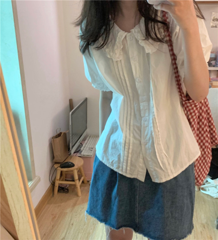 Actual shot of Guaiguai brand puff sleeve lace doll collar loose short-sleeved shirt