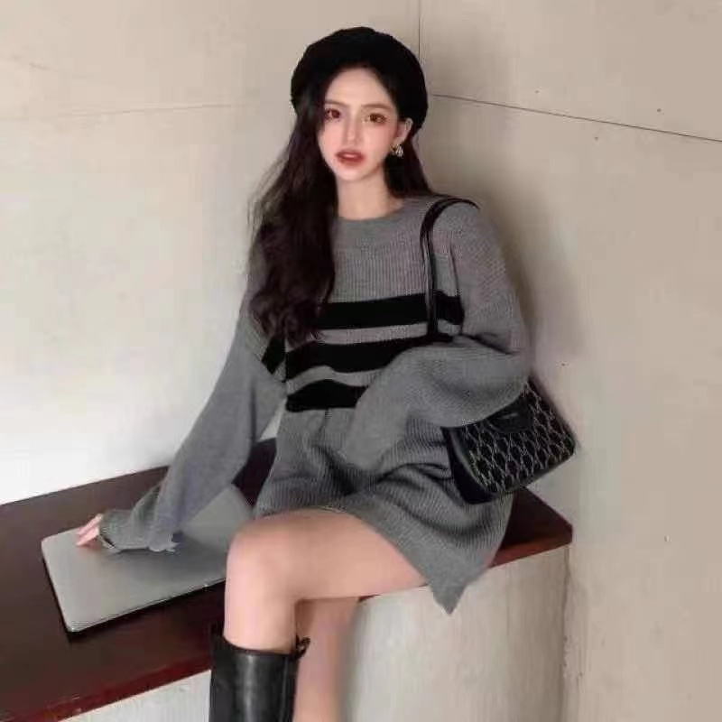 Mid-length sweater loose women's lazy style 2024 new winter outer wear sweater pullover long-sleeved top trendy