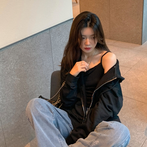 Women's piqué cotton jacket spring and autumn thin cardigan hooded sweatshirt casual versatile top