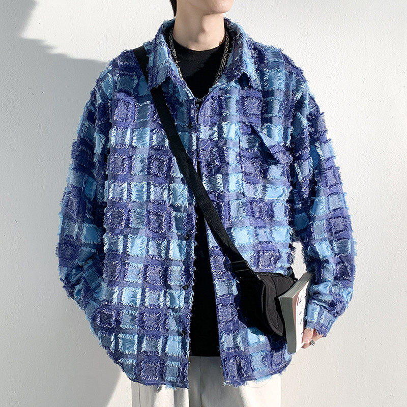 Spring Korean style trendy casual brushed plaid long-sleeved shirt men's top shirt
