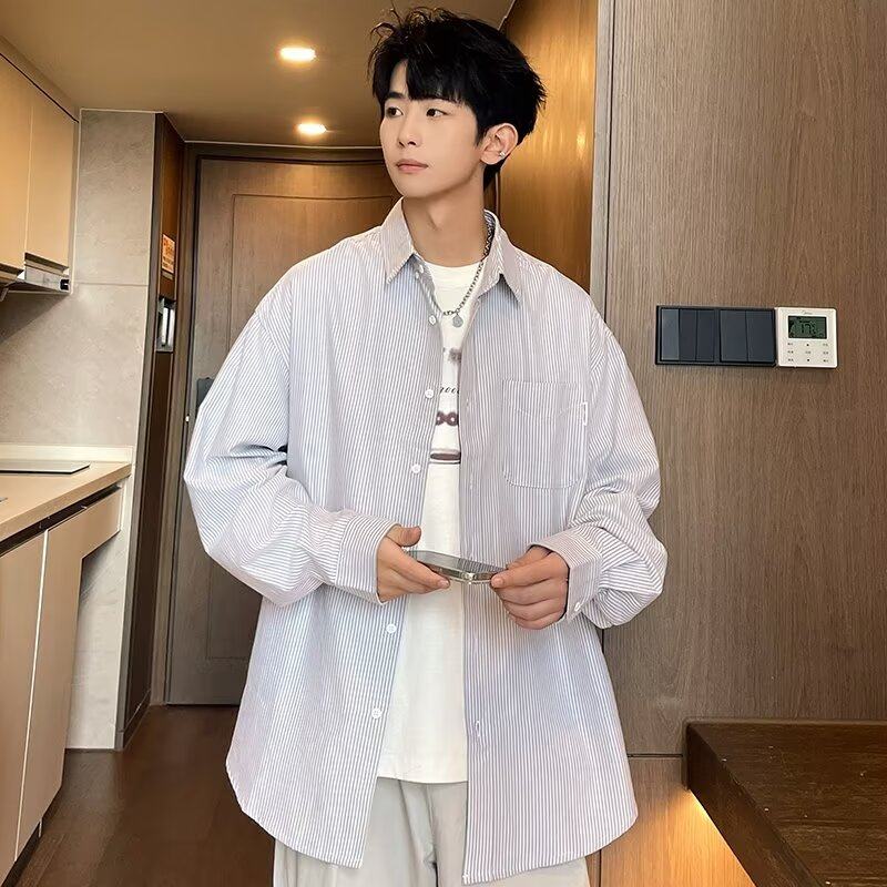 Pinstripe shirt for men, Korean version, trendy, loose and versatile, college style, fall and winter ins outerwear