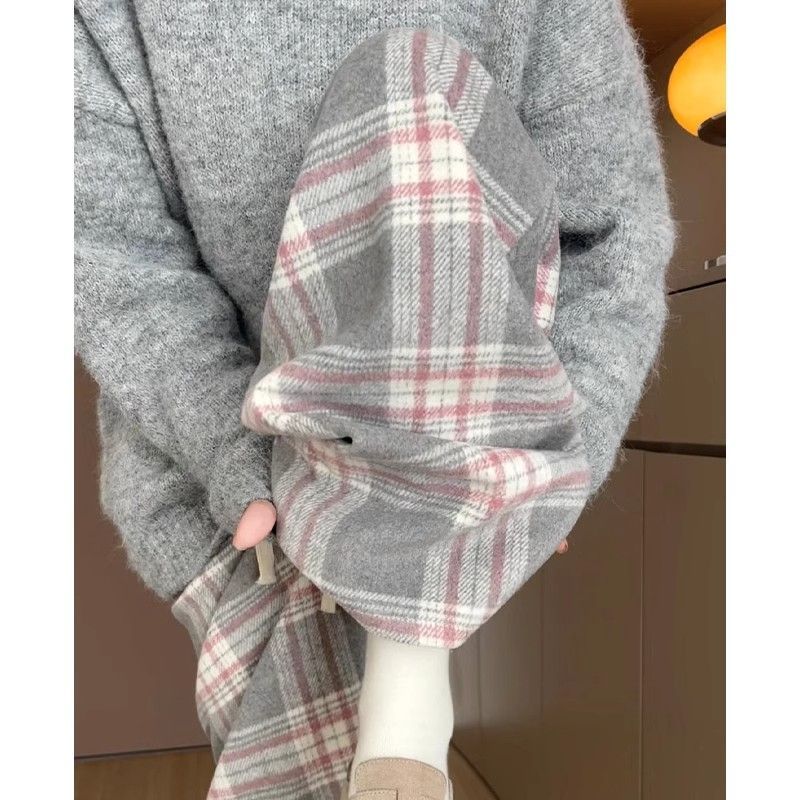Pink plaid pants for women in autumn and winter new style lazy straight loose casual woolen wide leg pants