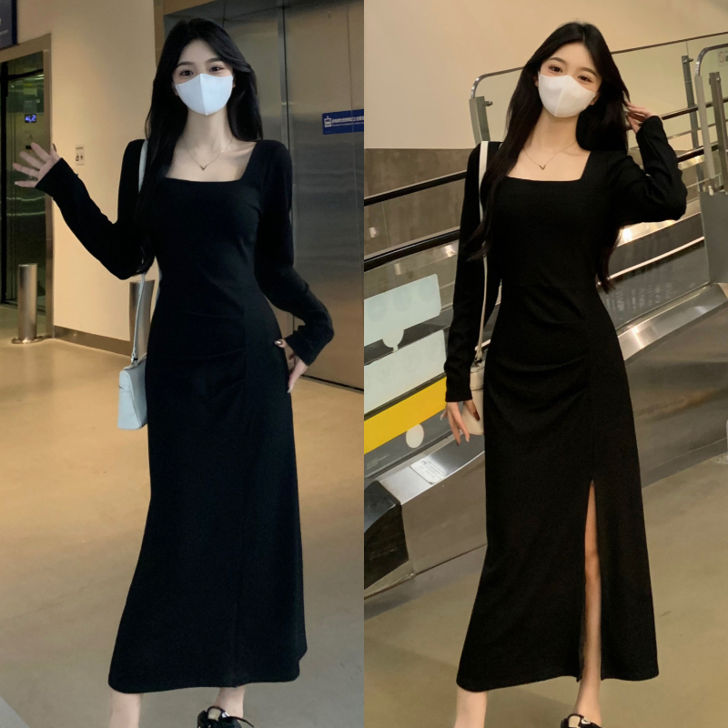 Autumn and winter fat mm knitted dress with design, temperament, waist and fashionable slit, adjustable bottoming long skirt