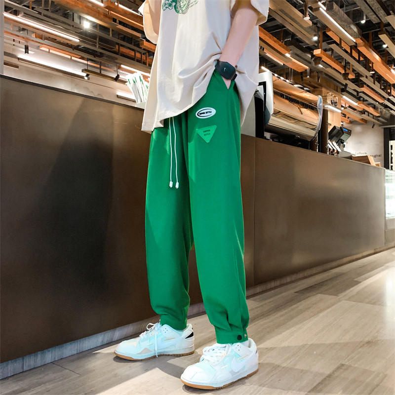 Summer waffle Hong Kong style nine-point pants for men and women with slit casual pants with leggings and waistband hemming