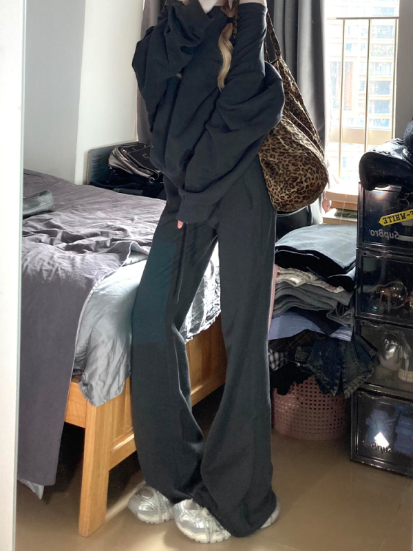 Gray micro-flared sports pants for women, autumn new design, drawstring, loose wide legs, slim straight casual pants