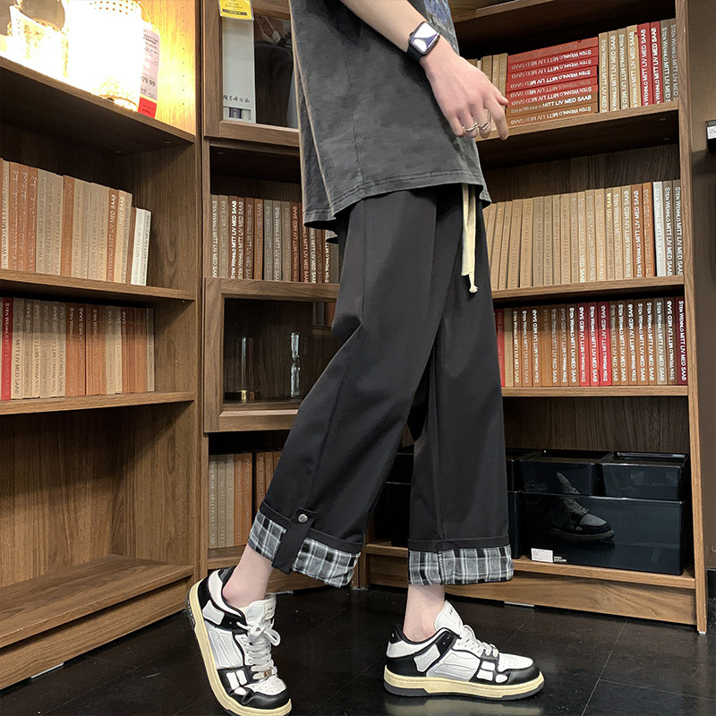 High quality casual plaid color block cropped trousers large size loose straight leg