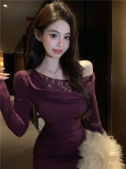 Elegant lace stitching oblique shoulder pleated slim fit dress