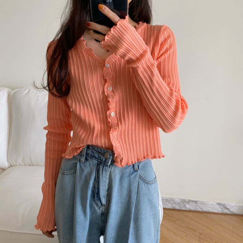 Collarbone discreet design, slim fit, sun protection, thin knitted cardigan, long sleeves, V-neck, multi-color