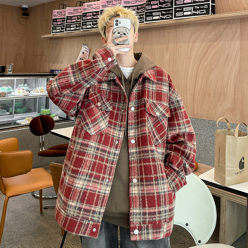 Spring Hong Kong style small style plaid lapel jacket men's trendy loose large size jacket