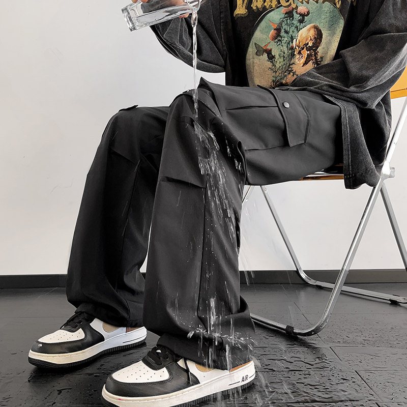 Spring Hong Kong style retro straight overalls men's three-proof drawstring leggings trousers