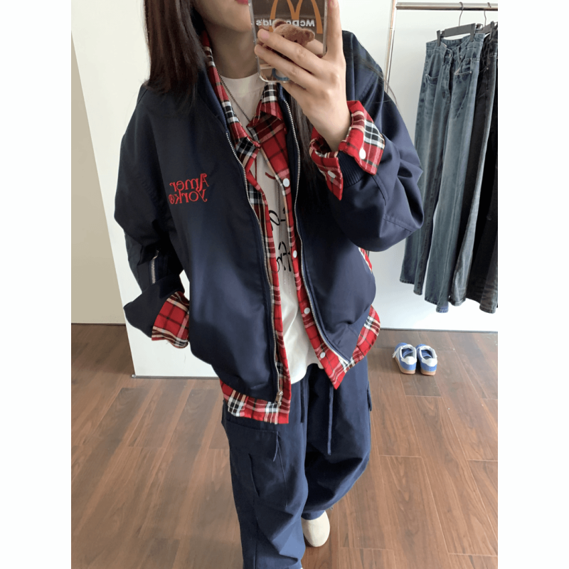 American retro fake two-piece plaid jacket jacket for men and women casual loose flight suit