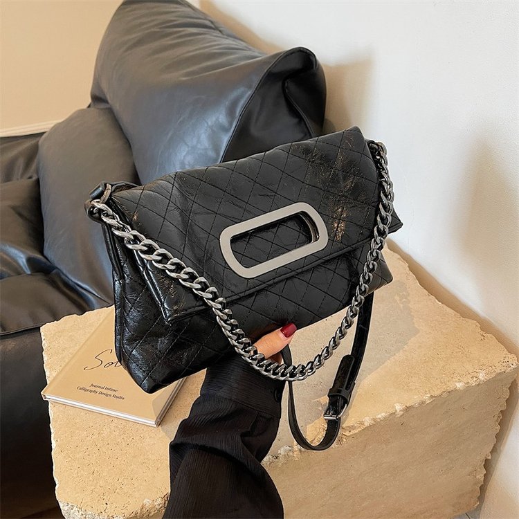 Fashionable rhombus folding handbag women's shoulder chain crossbody tote bag versatile new high-end genuine leather bag