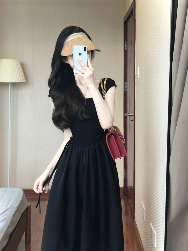 French square neck knitted short-sleeved patchwork waistless drawstring dress