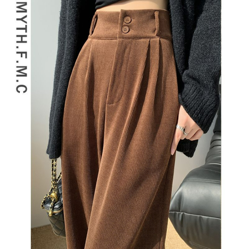 Brown corduroy pants for women in autumn and winter, high-waisted slimming narrow version straight wide-leg pants with drape