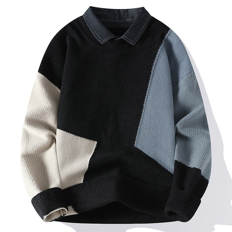 Fake two-piece sweater for men in winter plus velvet and thickened trendy brand shirt collar knitted sweater for men