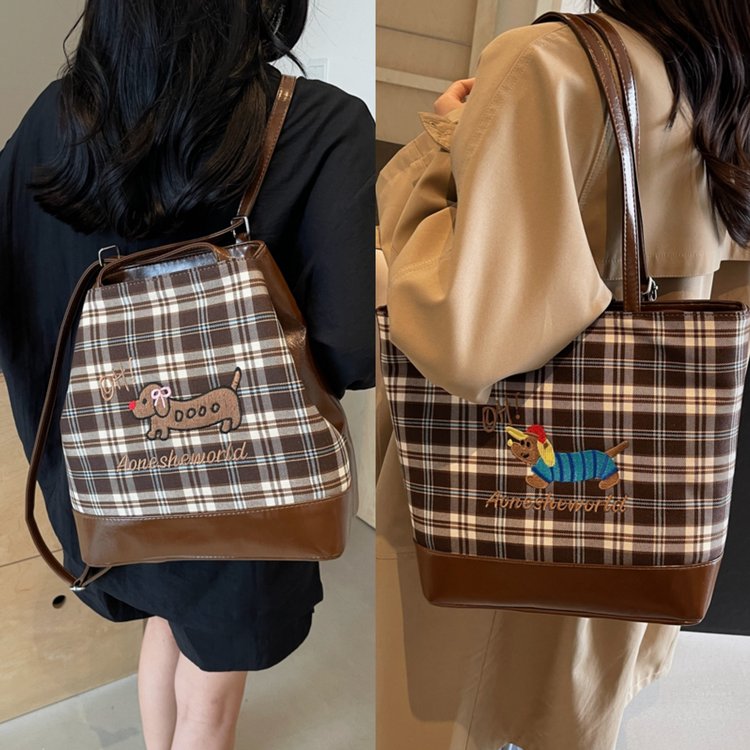 New plaid tote bag cartoon puppy backpack Korean style large capacity armpit bag women's simple commuter bag