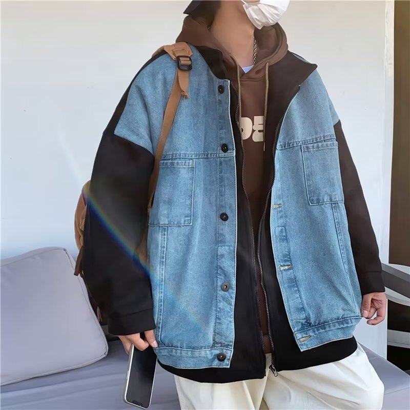 New autumn and winter two-piece Hong Kong style ins trend splicing woolen jacket denim jacket