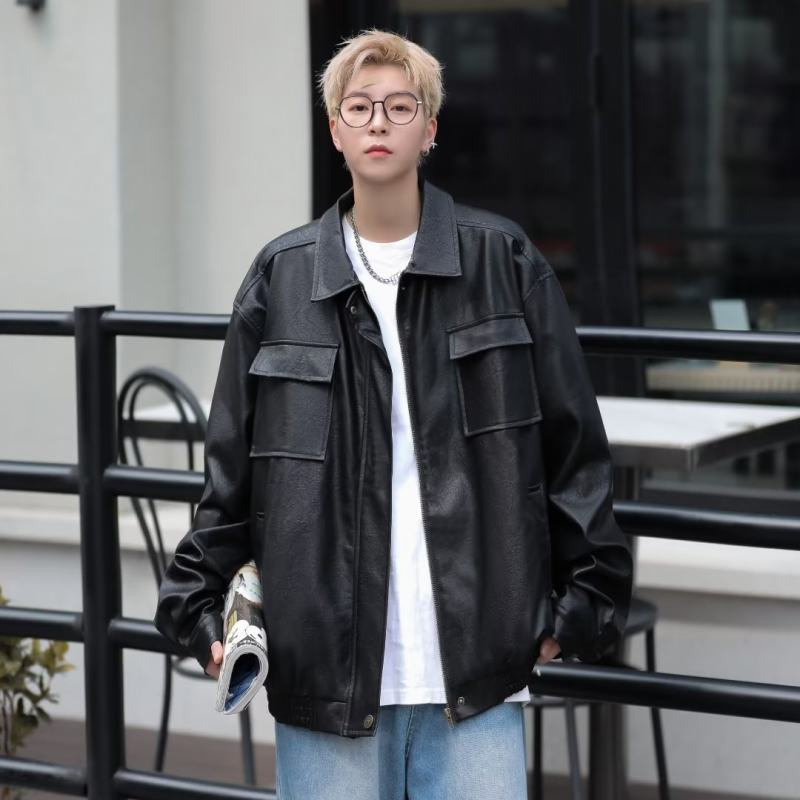 American high street leather jacket for men with pockets, personality, ruffian and handsome autumn and winter new style ins jacket
