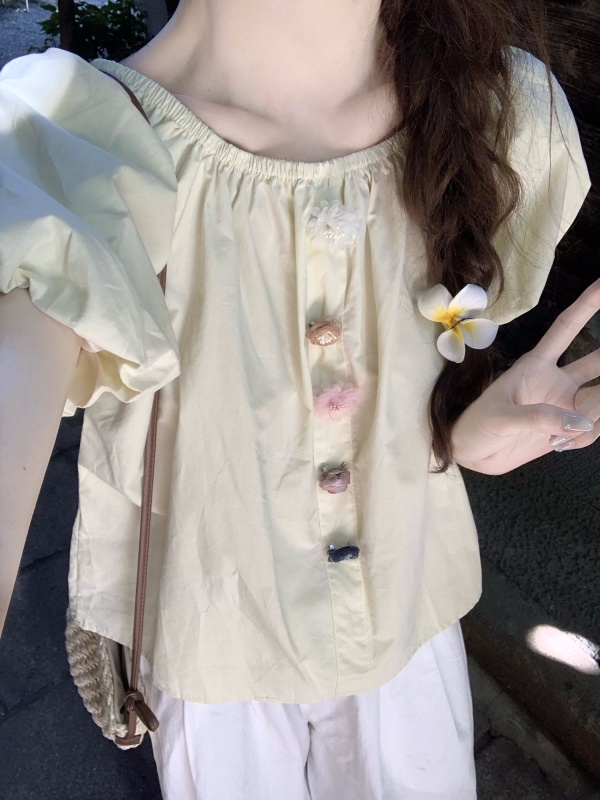 Korean style round neck floral design sweet little shirt loose and age-reducing versatile reversible top