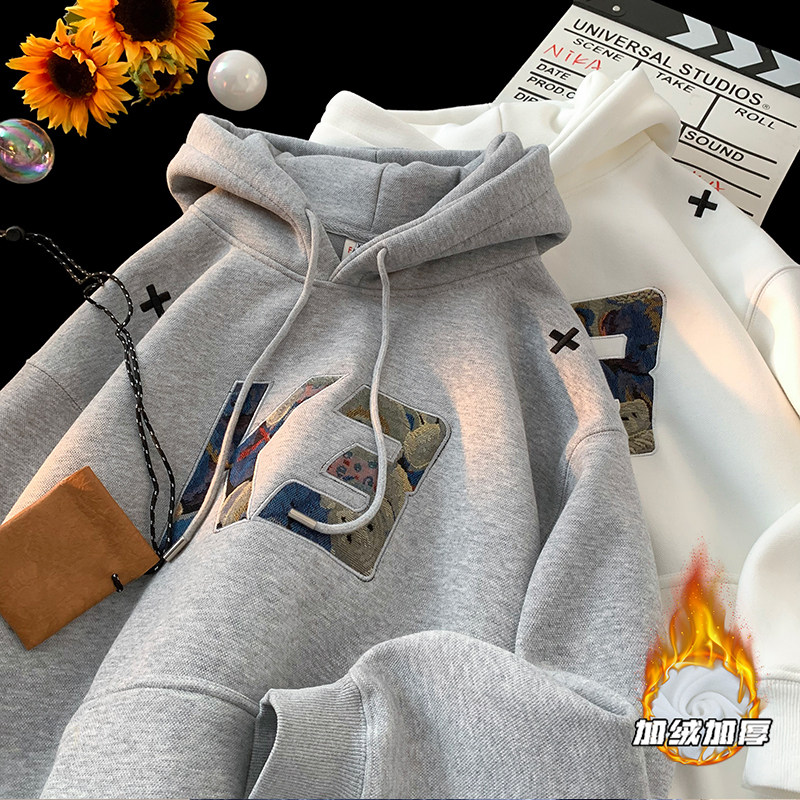 Autumn and winter heavyweight 500g hooded sweatshirt patch embroidery