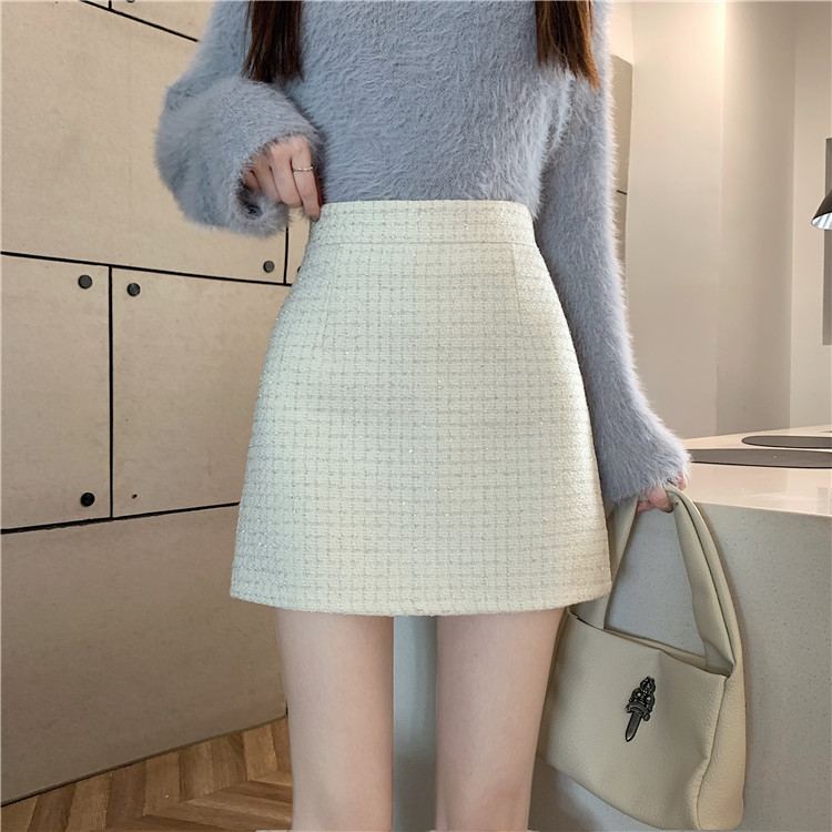 Autumn and winter tweed petite style hip-hugging skirt small high-waisted A-line skirt for women