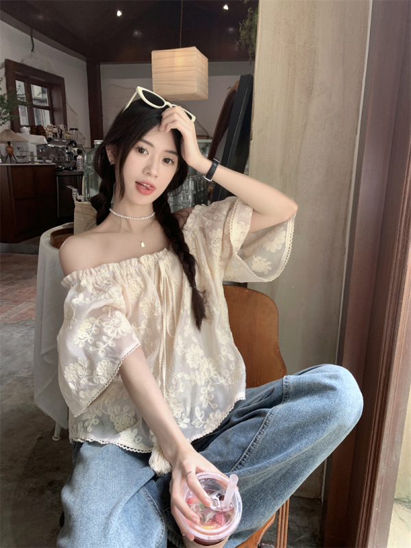 Real shot and real price French style short-sleeved lace shirt with high-end temperament, loose and high-end embroidered top