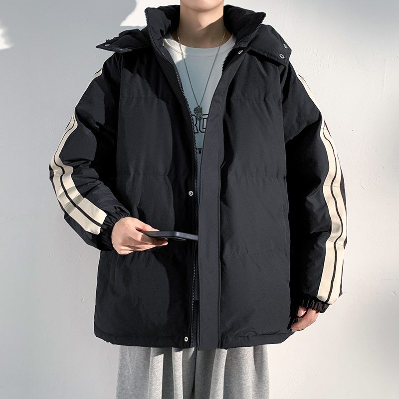 Autumn and winter stand-up collar cotton coat trend hooded vertical strip style loose Hong Kong style couple cotton-padded jacket