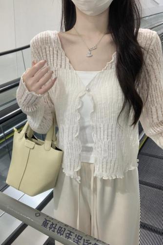 Spring and summer Korean style sweet fungus edge hollow sunscreen long-sleeved knitted one-button cardigan top for women