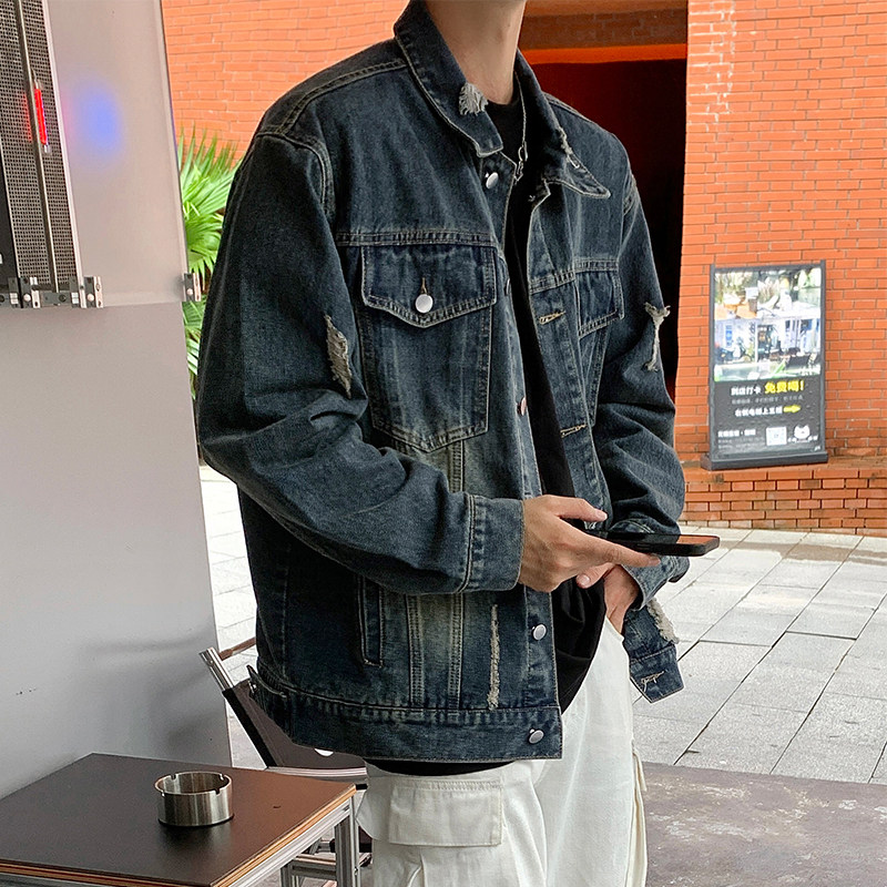Autumn new style washed frayed denim Hong Kong style retro washed jacket for men