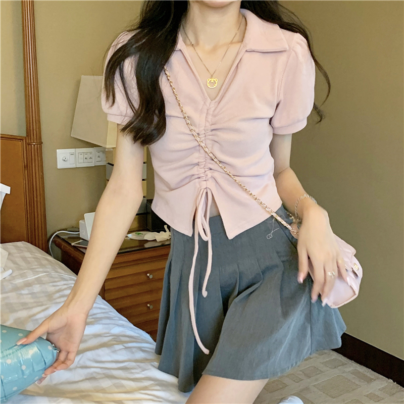 Official photo 280g waffle cotton T-shirt women's short-sleeved 2024 new crop top summer polo collar shirt